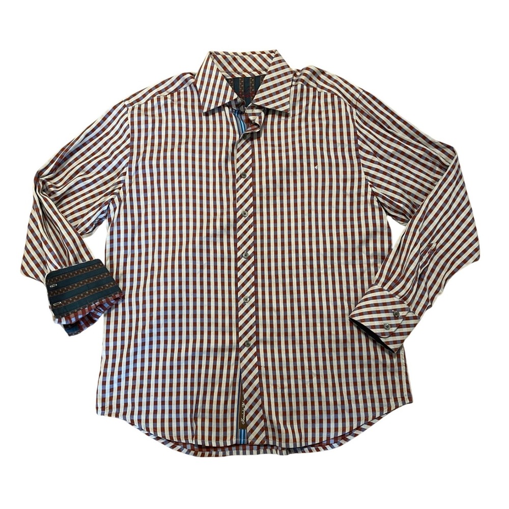 Robert Graham Shirt XL Brown Blue Gingham Check Flip Cuff Contrast Trim